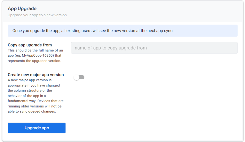 Các phiên bản ứng dụng trong Google AppSheet.