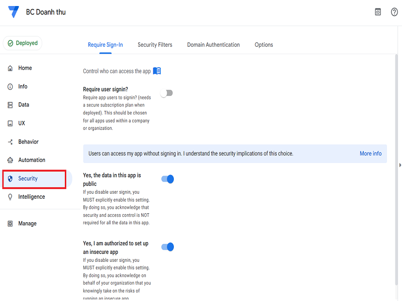 Tính năng “Security” trên AppSheet