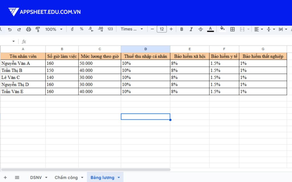 Chuẩn bị bảng tính trên Google Sheet hoặc Excel